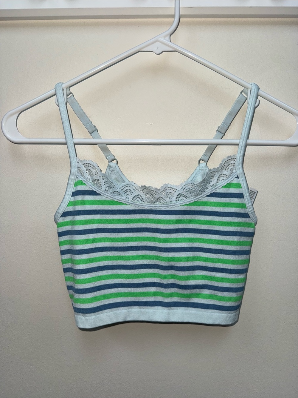aerie Striped Lace-Trim Cropped Tank in Light Blue, Navy & Green
